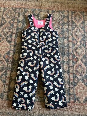 Kids Rainbow Print Puffer Snow Bib - Black with Pink Lining